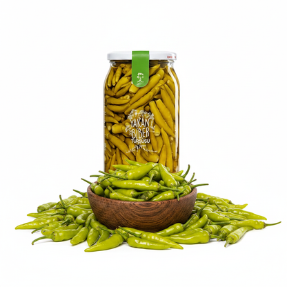 Evcen Morchak 350g – styled hero shot with fresh hot peppers
