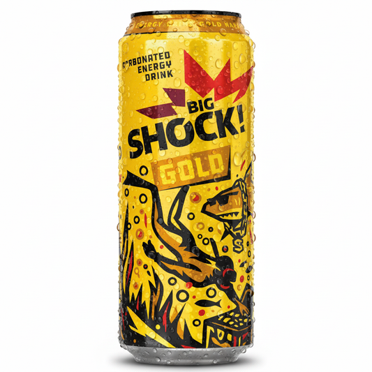 Big Shock Energy Gold 500ml can on white studio background