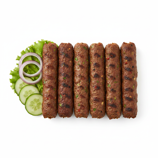 Meat Seekh Kabab 1 Kg – Frozen Halal Beef Seekh Kebab, grilled minced beef kababs arranged in a row