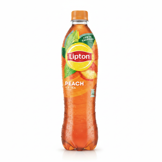 Lipton Peach Ice Tea 500ml bottle on white studio background