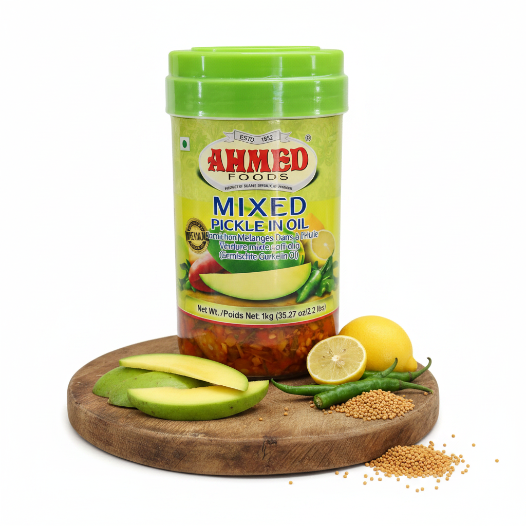 Ahmed Mixed Pickle in Oil 1kg – styled hero shot with mango, chilli and mustard seeds