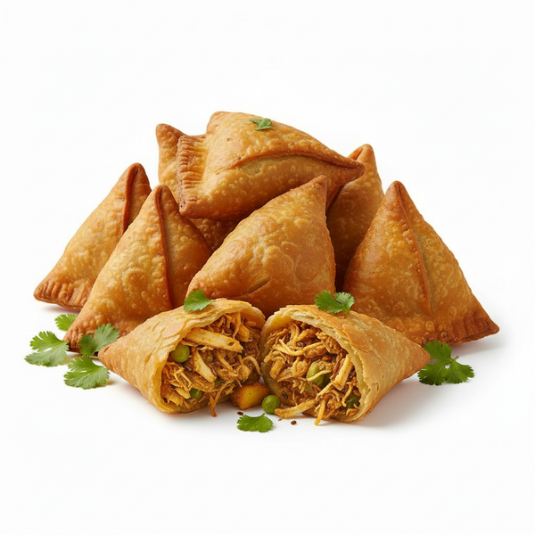 Punjabi Chicken Samosa – Frozen Halal Punjabi Style Chicken Samosa, large thick-crust golden crispy samosas