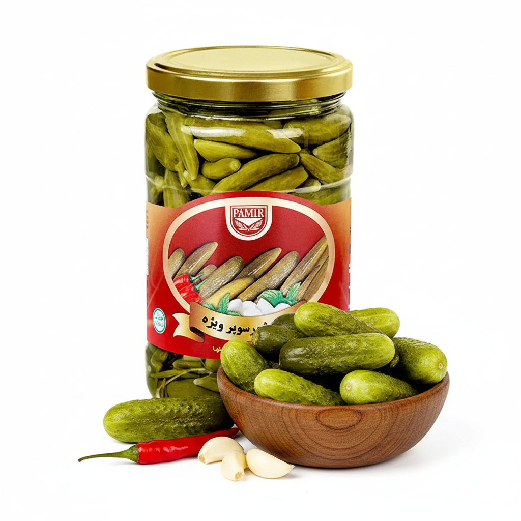 Pamir Khiyar Shor 660g – styled hero shot with fresh cucumbers and garlic
