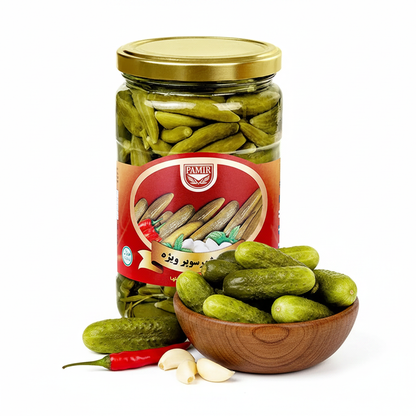 Pamir Khiyar Shor 660g – styled hero shot with fresh cucumbers and garlic