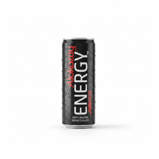 Alokozay Energy Drink 250ml slim can on white studio background