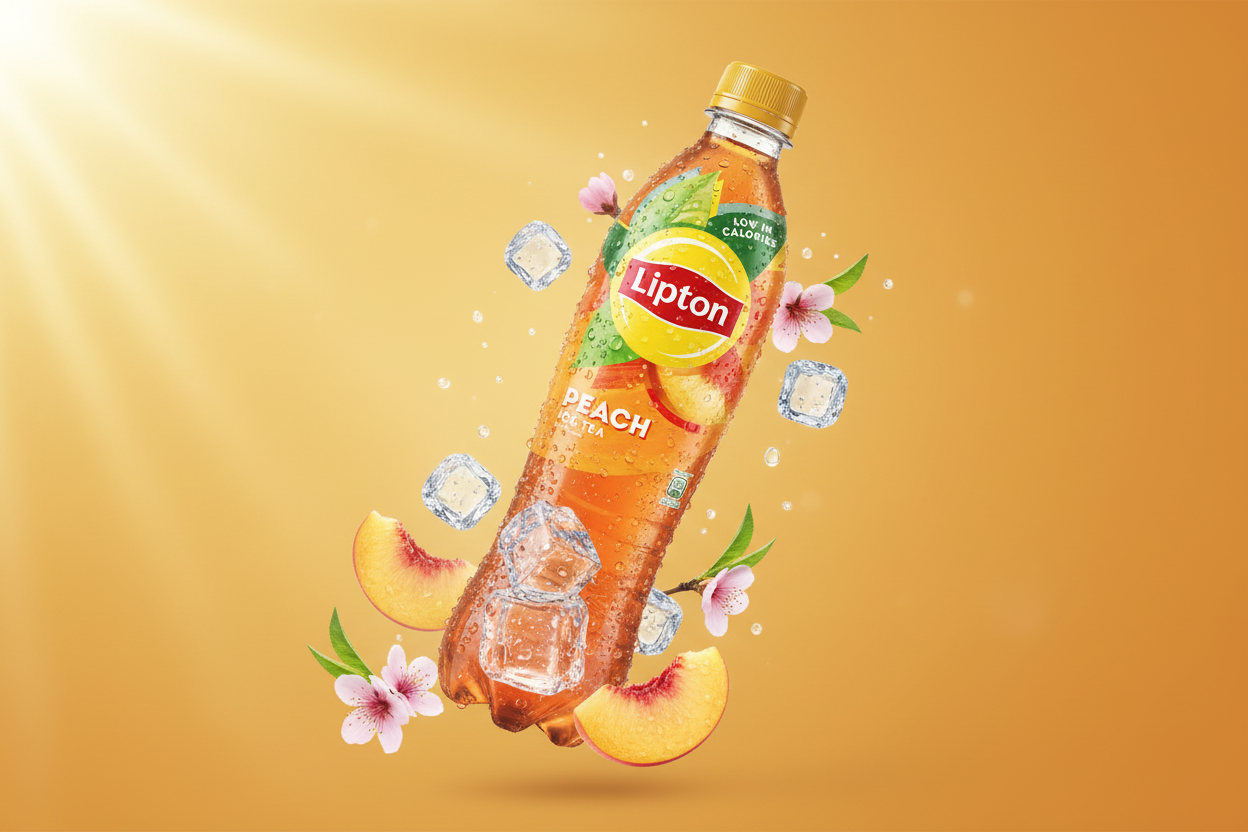 Lipton Peach Ice Tea 500ml bottle with summer peach hero banner