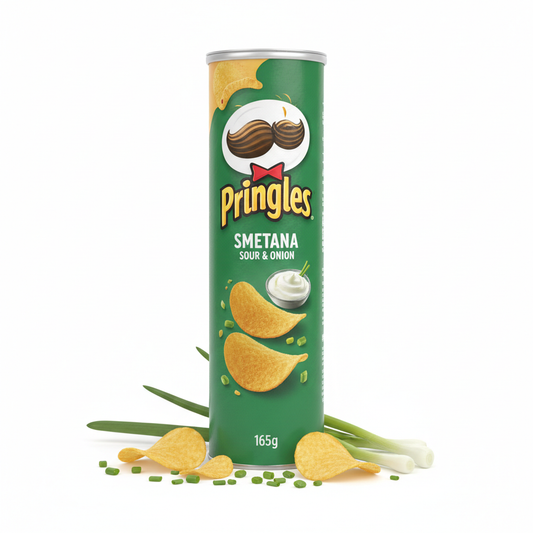 Pringles Smetana 165g tube on white studio background with crisps and onion props