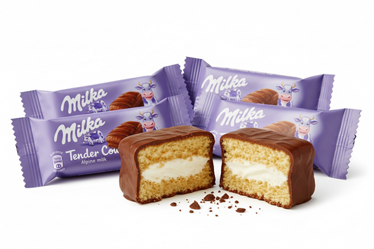 Milka Tender Cow 140g soft sponge cake with creamy milk filling coated in Milka chocolate