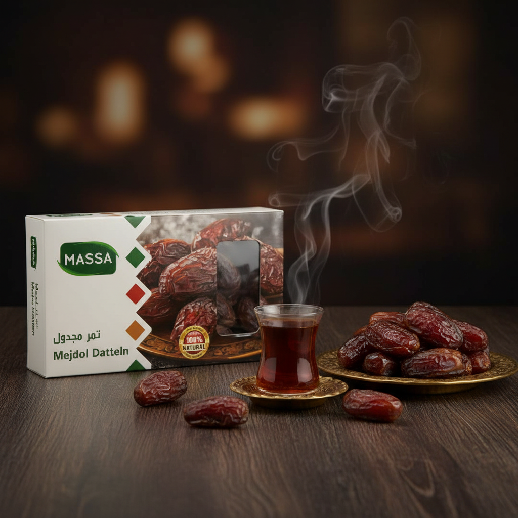 Massa Medjool Dates 900g with Arabic brass plate and tea - Asan Oriental Supermarket Prague