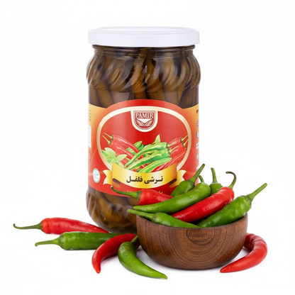 Pamir Torshi Filfil 640g – styled hero shot with fresh chillies