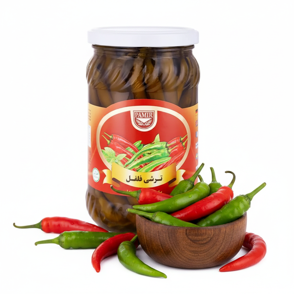 Pamir Torshi Filfil 640g – styled hero shot with fresh chillies