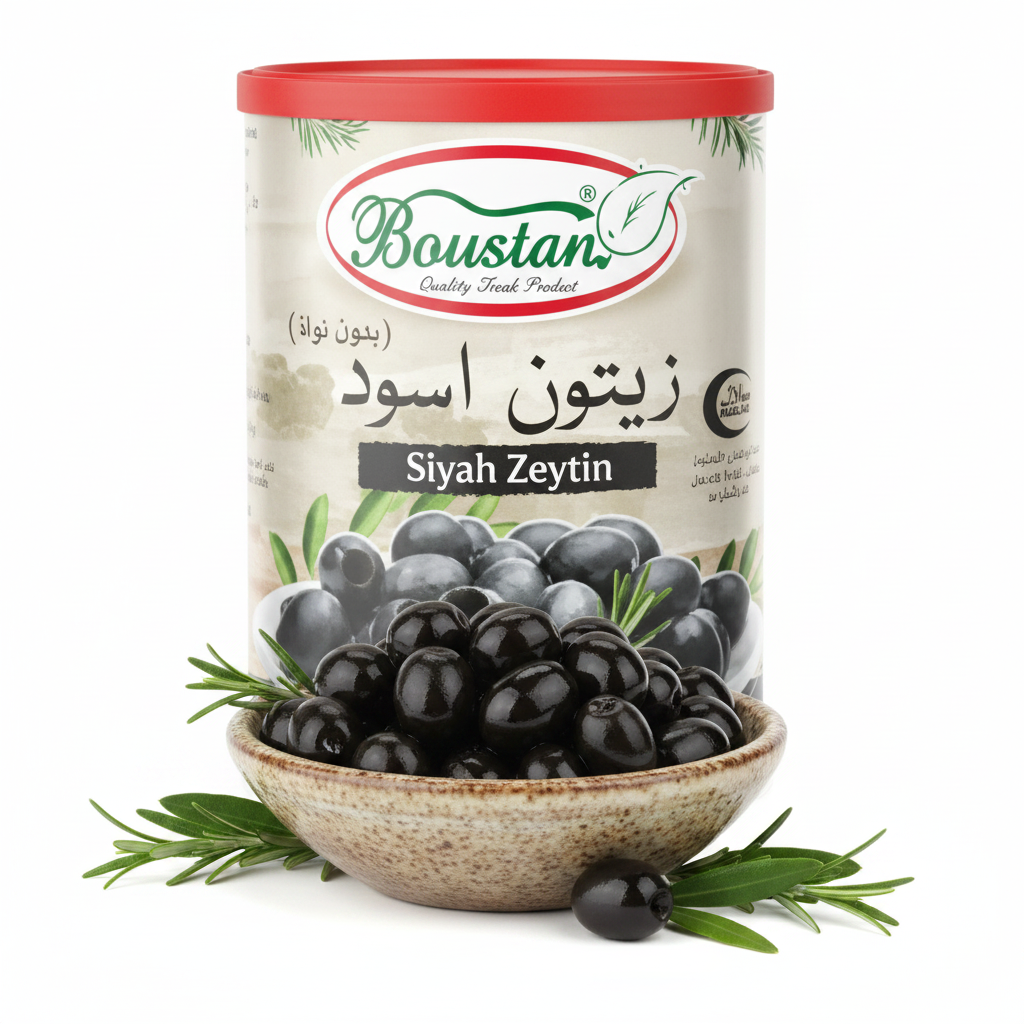 Boustan Black Olives 880g – styled hero shot with olive bowl and rosemary