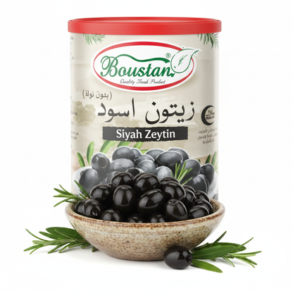 Boustan Black Olives 880g – styled hero shot with olive bowl and rosemary