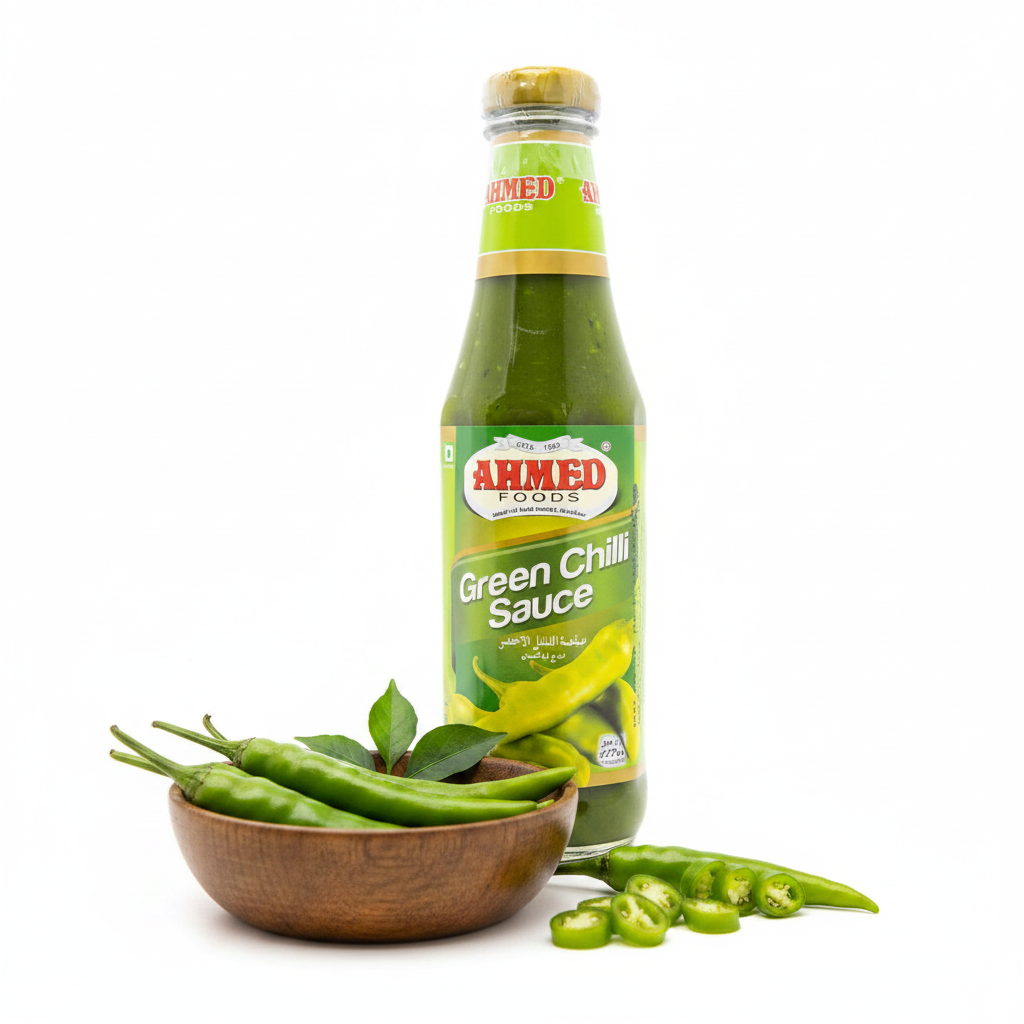 Ahmed Green Chilli Sauce 300g – styled hero shot with fresh green chillies