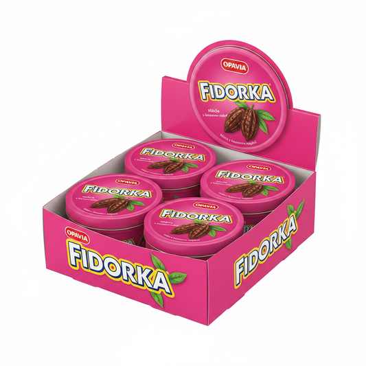 Opavia Fidorka Milk Chocolate display box with 6 tins – Mléčná s kakáovou náplní, Asan Oriental Supermarket