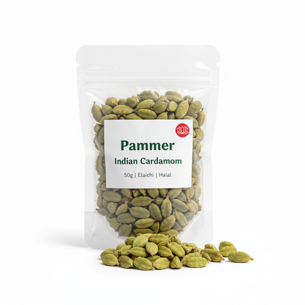 Pammer Indian Cardamom 50g - clear pouch with whole green cardamom pods - Asan Oriental Supermarket Prague
