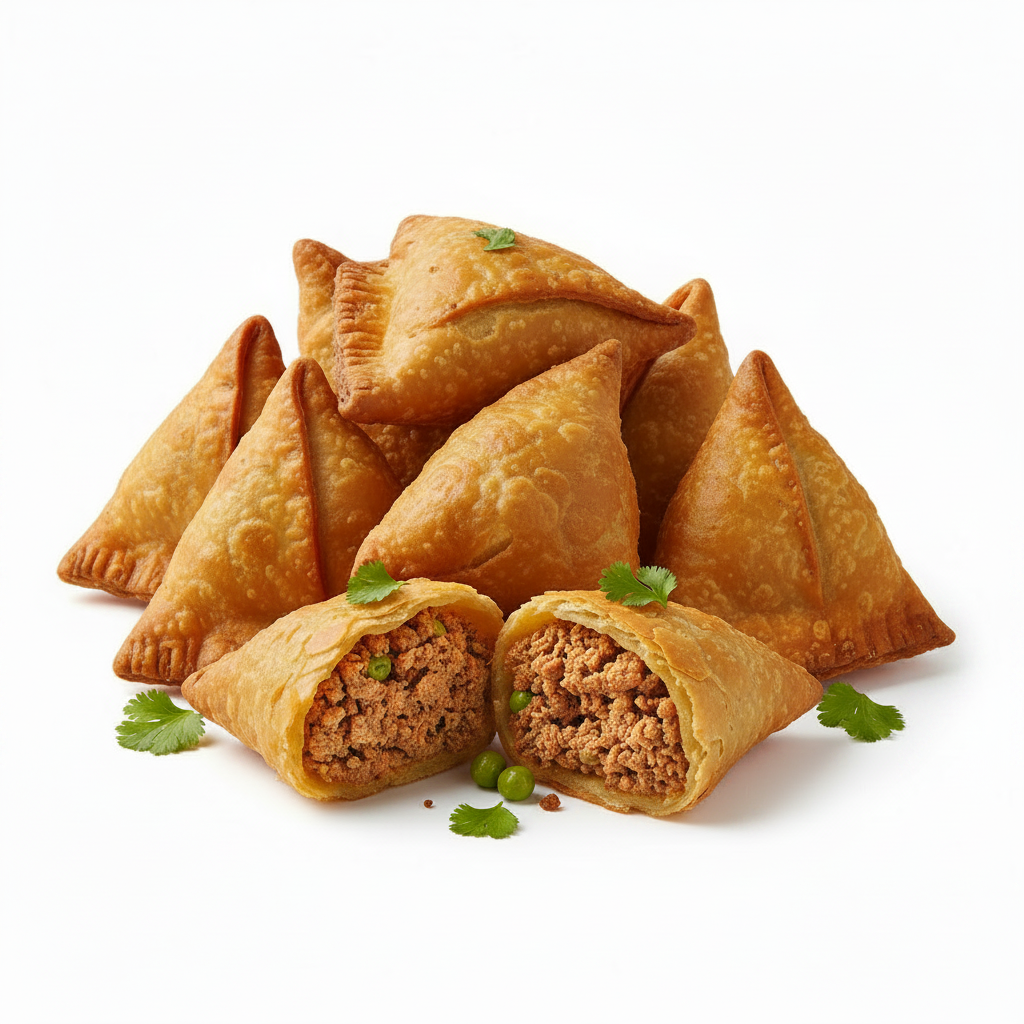 Meat Samosa – Frozen Halal Meat Samosa, golden crispy triangular pastry with spiced minced meat filling