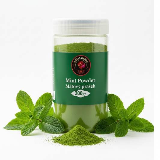 Royal Herbs Mint Powder 200g – green label jar with fresh mint sprigs