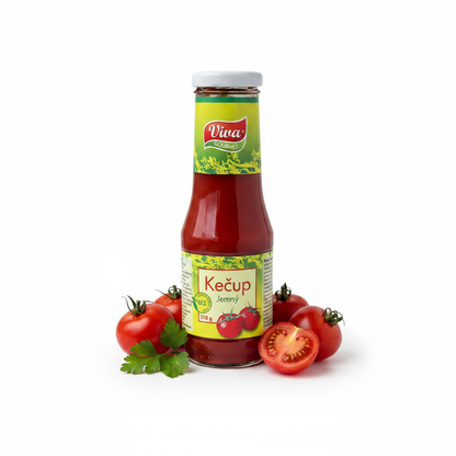 Viva Ketchup 310g – styled hero shot with fresh tomatoes