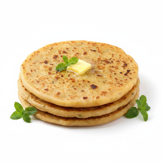 Alo Paratha 400 G – Frozen Halal Aloo Paratha, golden stacked flatbread with butter and mint