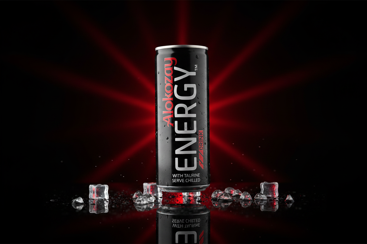 Alokozay Energy Drink 250ml slim can with dramatic red lighting and ice droplets
