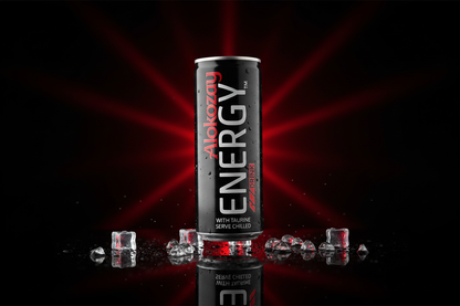 Alokozay Energy Drink 250ml slim can with dramatic red lighting and ice droplets