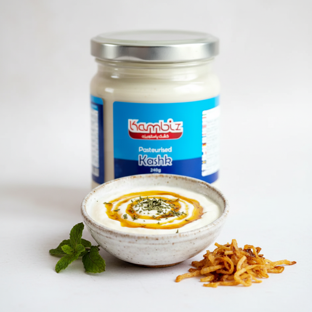 Kambiz Kashk 240g – styled hero shot with kashk bowl, fried onions and dried mint