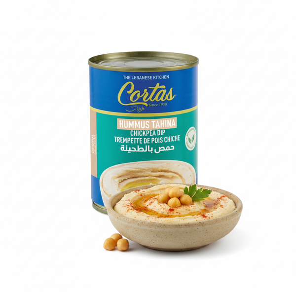 Cortas Hummus Tahina 185g – styled hero shot with hummus bowl, olive oil and chickpeas
