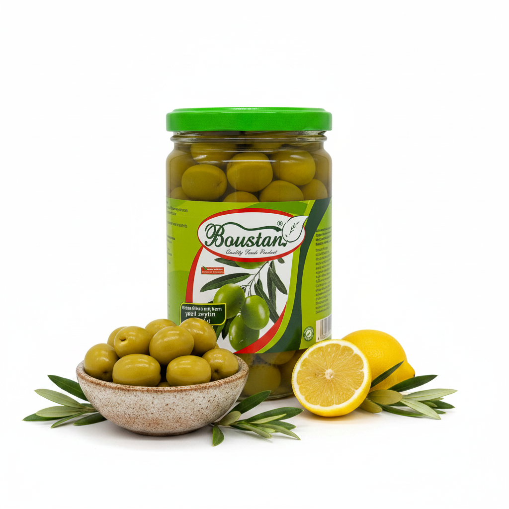 Boustan Green Olives 600g – styled hero shot with olive bowl and lemon