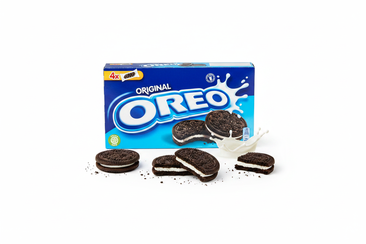 Oreo Original 44g multipack box with sandwich cookies scattered around showing vanilla cream filling