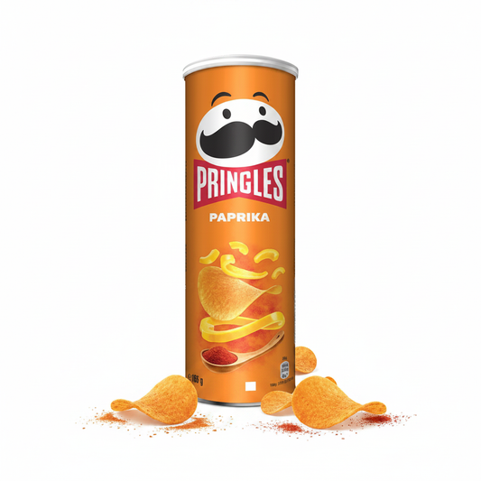 Pringles Paprika 165g tube on white studio background