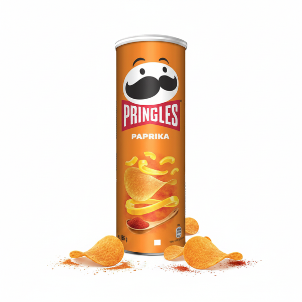 Pringles Paprika 165g tube on white studio background
