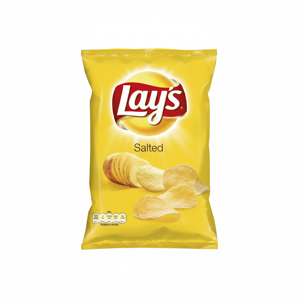 Yellow packet of Lay's salted chips on a white background