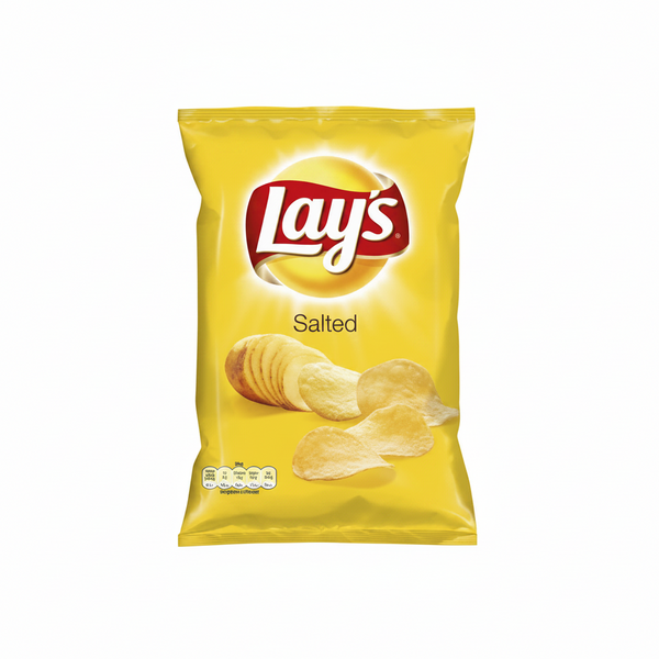 Yellow packet of Lay's salted chips on a white background