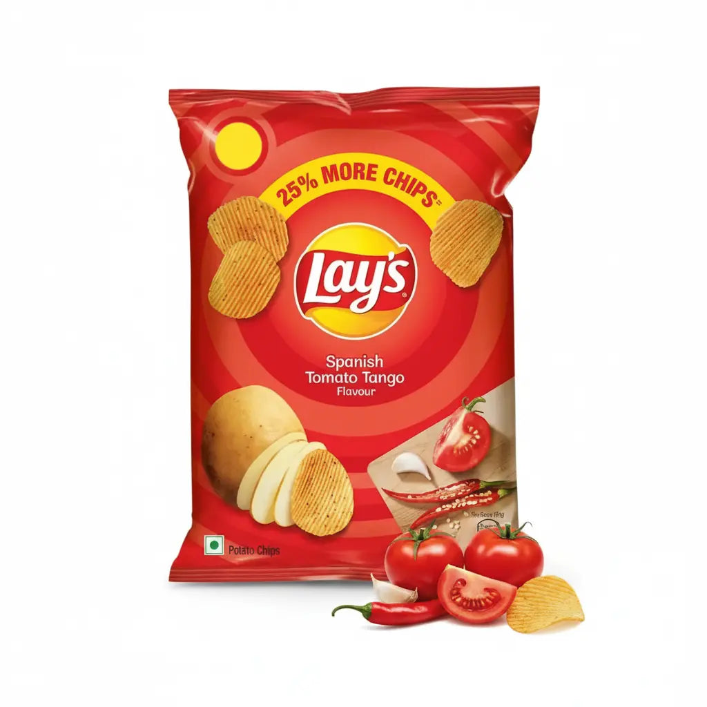 Lay's Spanish Tomato Tango flavor potato chip bag on a white background