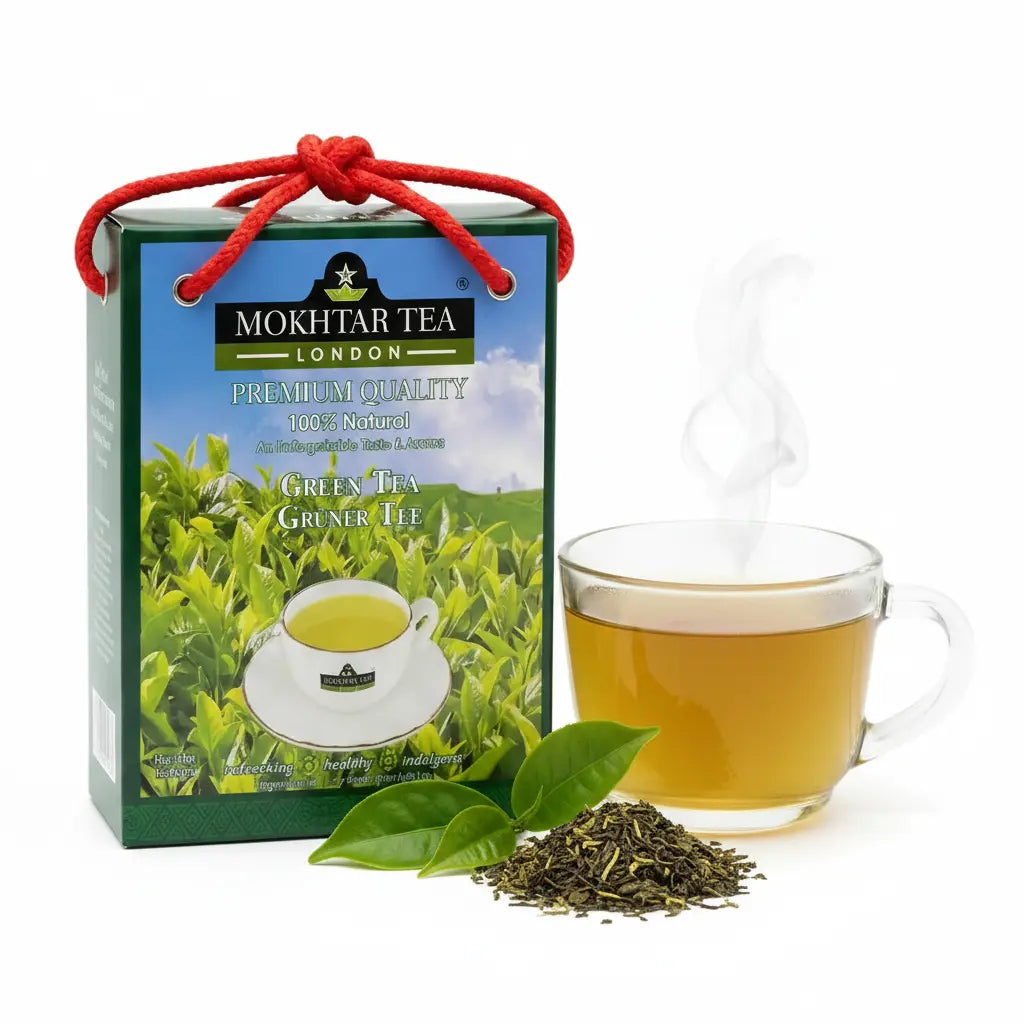 Mokhtar Tea London green tea packaging with a cup of tea, tea leaves, and a white background