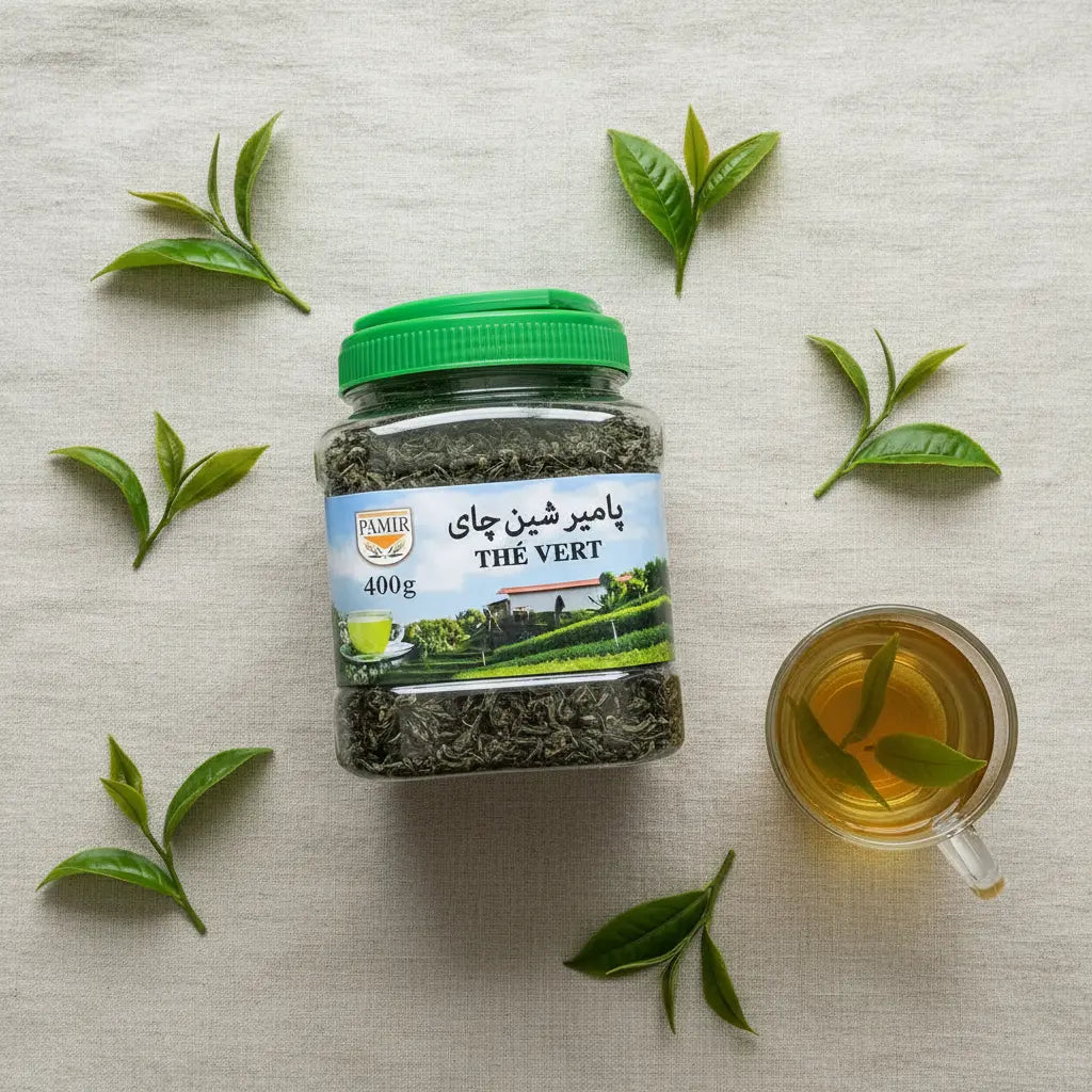 Pamir Green Tea 400g bag with glass teapot of brewed Afghan green chai – buy premium green tea online Czech Republic