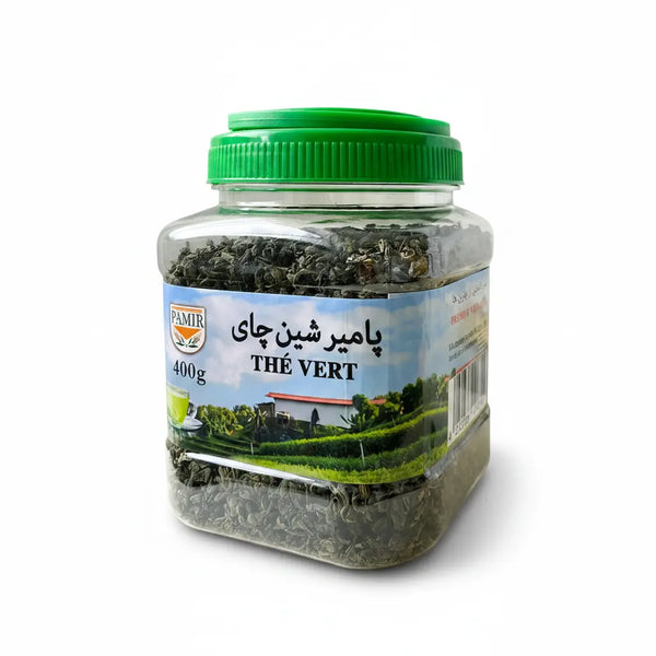 Pamir Green Tea 400g bag with glass teapot of brewed Afghan green chai – buy premium green tea online Czech Republic