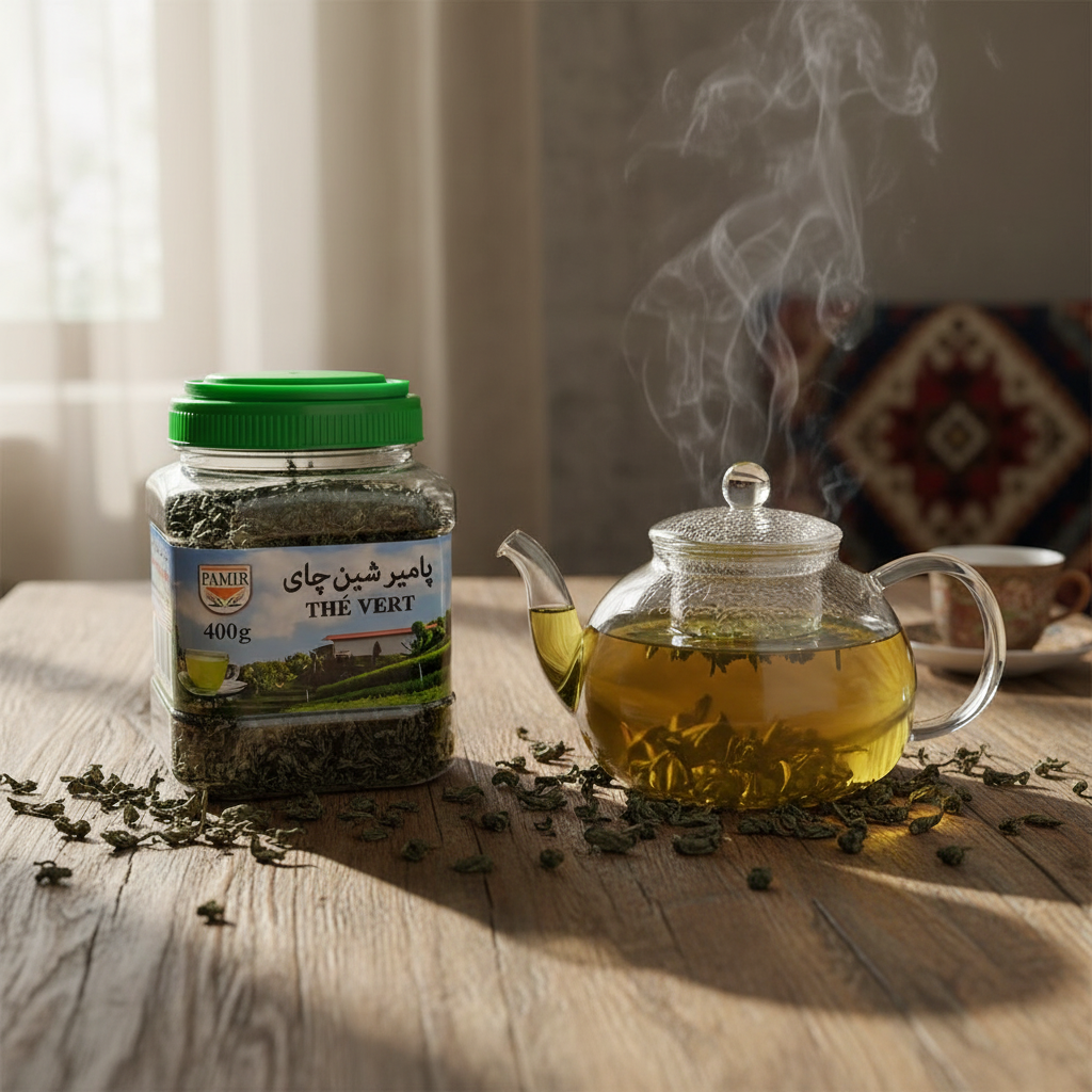 Pamir Afghan Green Tea 400g bag with loose leaves on ceramic spoon – premium loose leaf green tea Praha