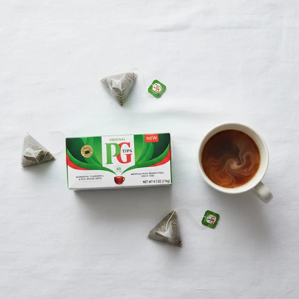 PG Tips Original 40 Tea Bags box with brewed black tea mug – classic British breakfast tea online Czech Republic