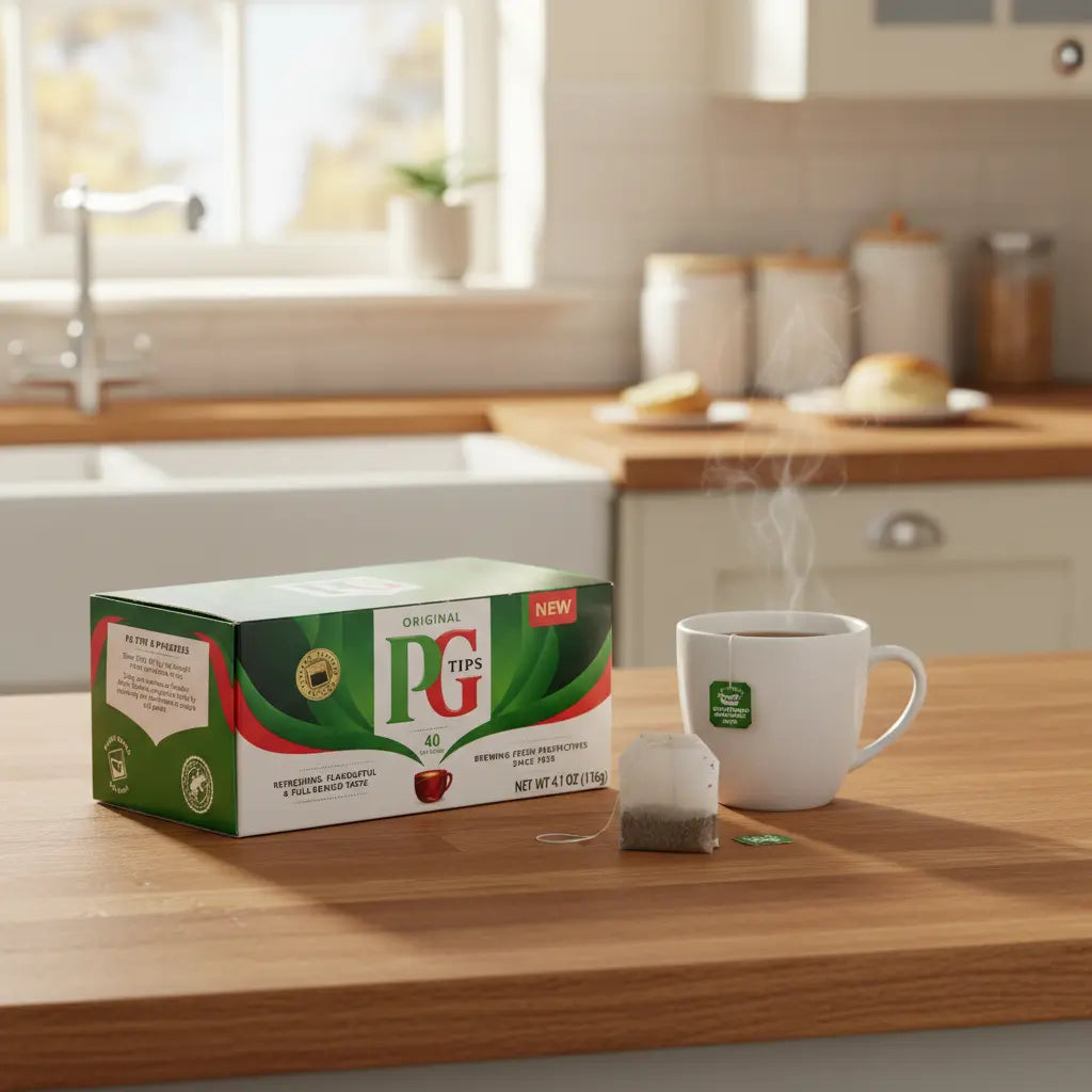 PG Tips Original 40 Tea Bags box with open tea bag showing black tea leaves – premium British tea Praha