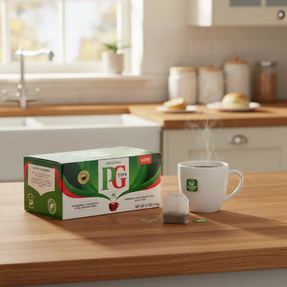 PG Tips Original 40 Tea Bags box with open tea bag showing black tea leaves – premium British tea Praha
