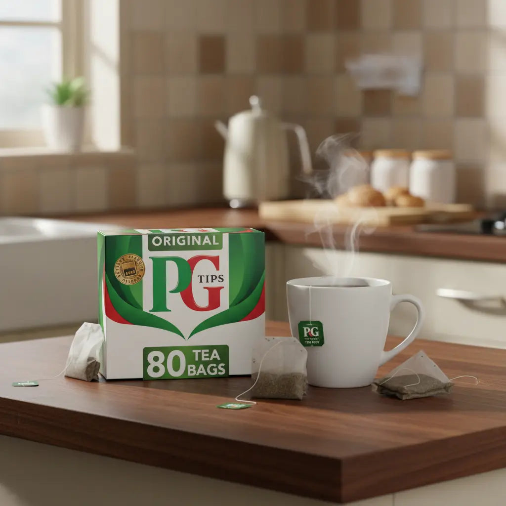 PG Tips Original 80 Tea Bags box with brewed black tea mug – classic British breakfast tea online Czech Republic