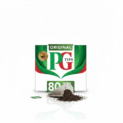 PG Tips Original 80 Tea Bags box with open tea bag showing black tea leaves – premium British tea Praha