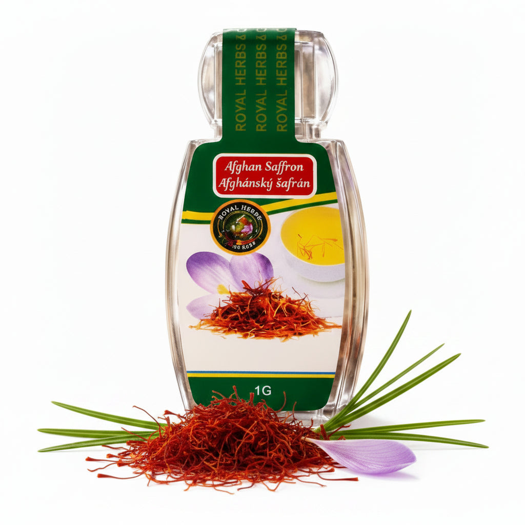 Close-up of Premium Afghan Saffron 1g packet label – 1st grade original Afghan saffron with vivid crimson threads
