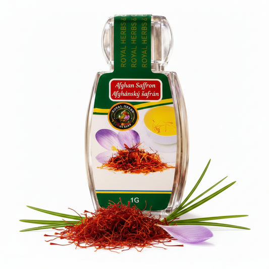 Close-up of Premium Afghan Saffron 1g packet label – 1st grade original Afghan saffron with vivid crimson threads
