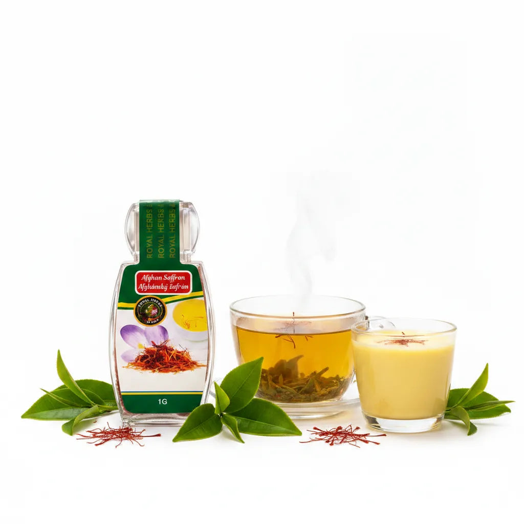 Premium Afghan Saffron 1g in saffron green tea and golden saffron milk – healthy oriental drinks with authentic Afghan saffron
