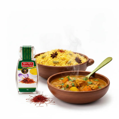 Premium Afghan Saffron 1g used in golden saffron rice pilaf and chicken stew – authentic 1st grade Afghan saffron for cooking
