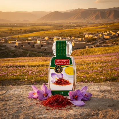 Premium Afghan Saffron from Herat Afghanistan – golden saffron crocus fields and traditional Afghan landscape, world's finest red gold saffron
