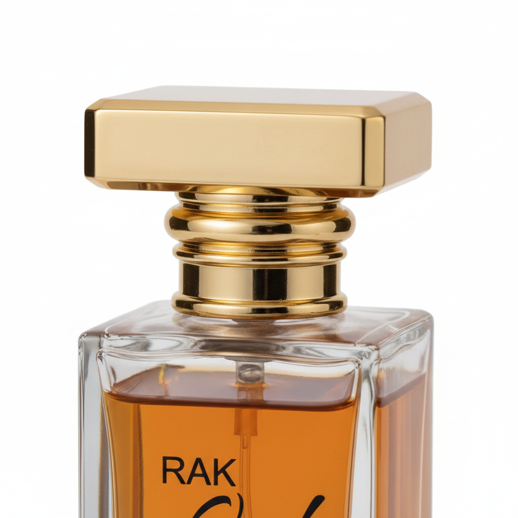 Close-up of RAK Oud Eau de Parfum bottle – BOON Perfumes premium Dubai perfume glass flacon
